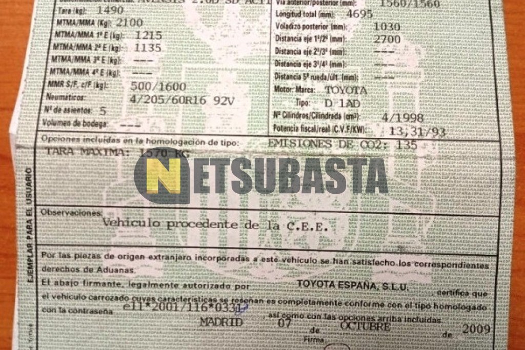 Toyota Avensis Sedán 2.0 D-4D 2009